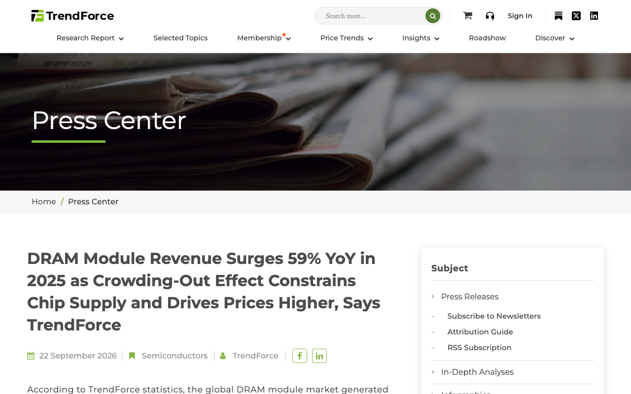 Screenshot of a TrendForce press release dated 22 September 2026 headed DRAM Module Revenue Surges 59 percent YoY in 2025 as Crowding-Out Effect Constrains Chip Supply and Drives Prices Higher