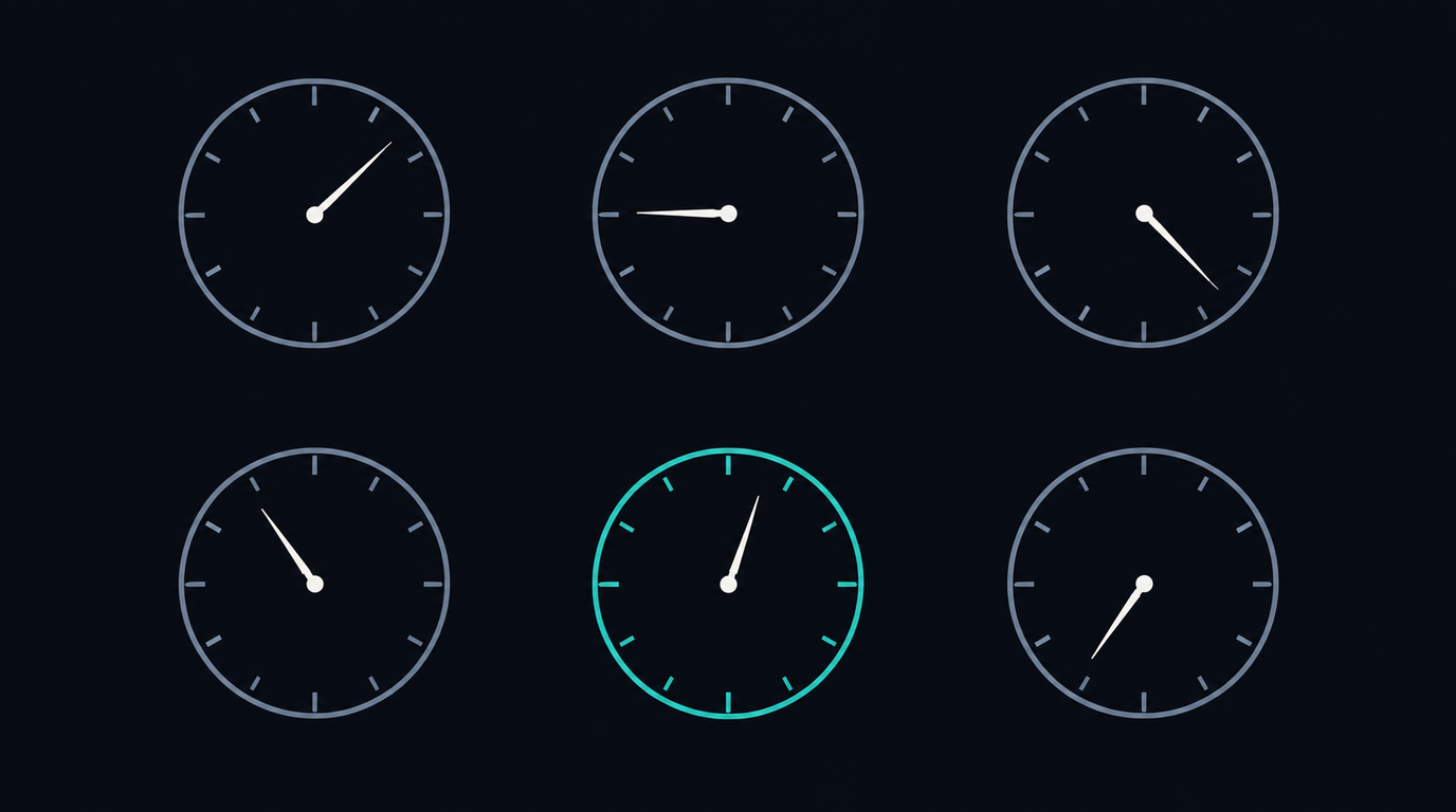 Flat vector illustration on a dark navy-black field: six identical blank analogue dial gauges in two rows of three, each with plain tick marks and a single needle, every needle pointing to a different position, with one gauge in the lower row ringed in teal and the rest in muted grey
