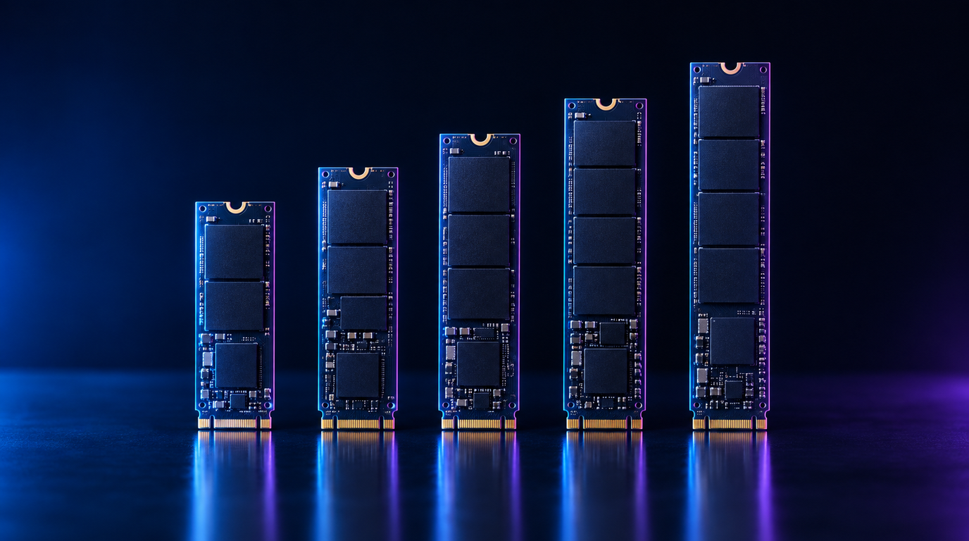 Five unbranded M.2 solid-state drive sticks of different lengths standing upright in a row on a dark reflective surface, lit from the side in cool blue with a violet rim light