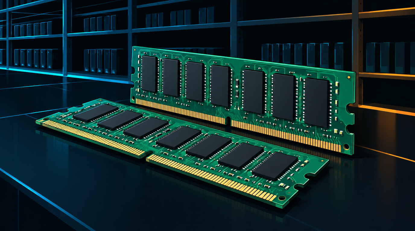 Two green DDR4 memory modules with rows of black chips and gold contact edges, one lying flat and one standing behind it, on a dark reflective surface in front of sparse storage shelving