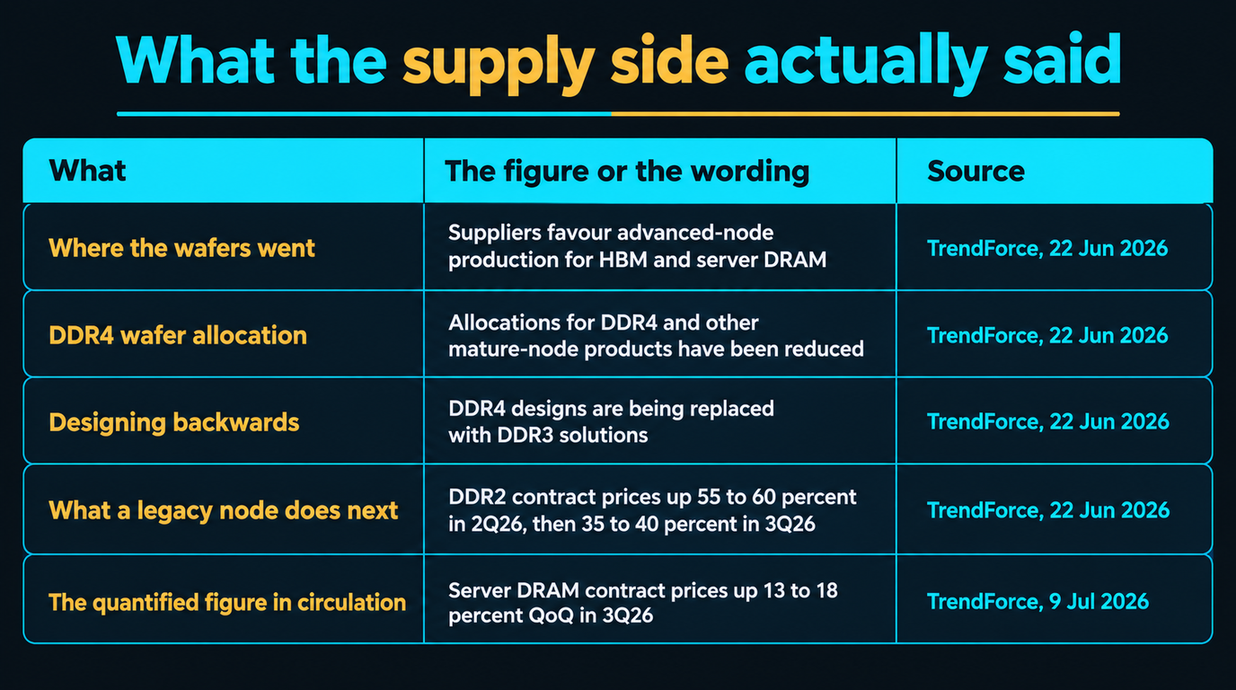 Table of five TrendForce statements dated 22 June and 9 July 2026: suppliers favour advanced-node production for HBM and server DRAM, wafer allocations for DDR4 and other mature-node products have been reduced, DDR4 designs are being replaced with DDR3 solutions, DDR2 contract prices rose 55 to 60 percent in 2Q26 then 35 to 40 percent in 3Q26, and server DRAM contract prices rose 13 to 18 percent QoQ in 3Q26