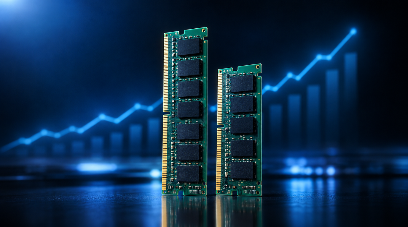 Two green memory modules with gold contact pins standing side by side on a dark reflective surface, one taller than the other, with an ascending blue price line and bar chart behind them