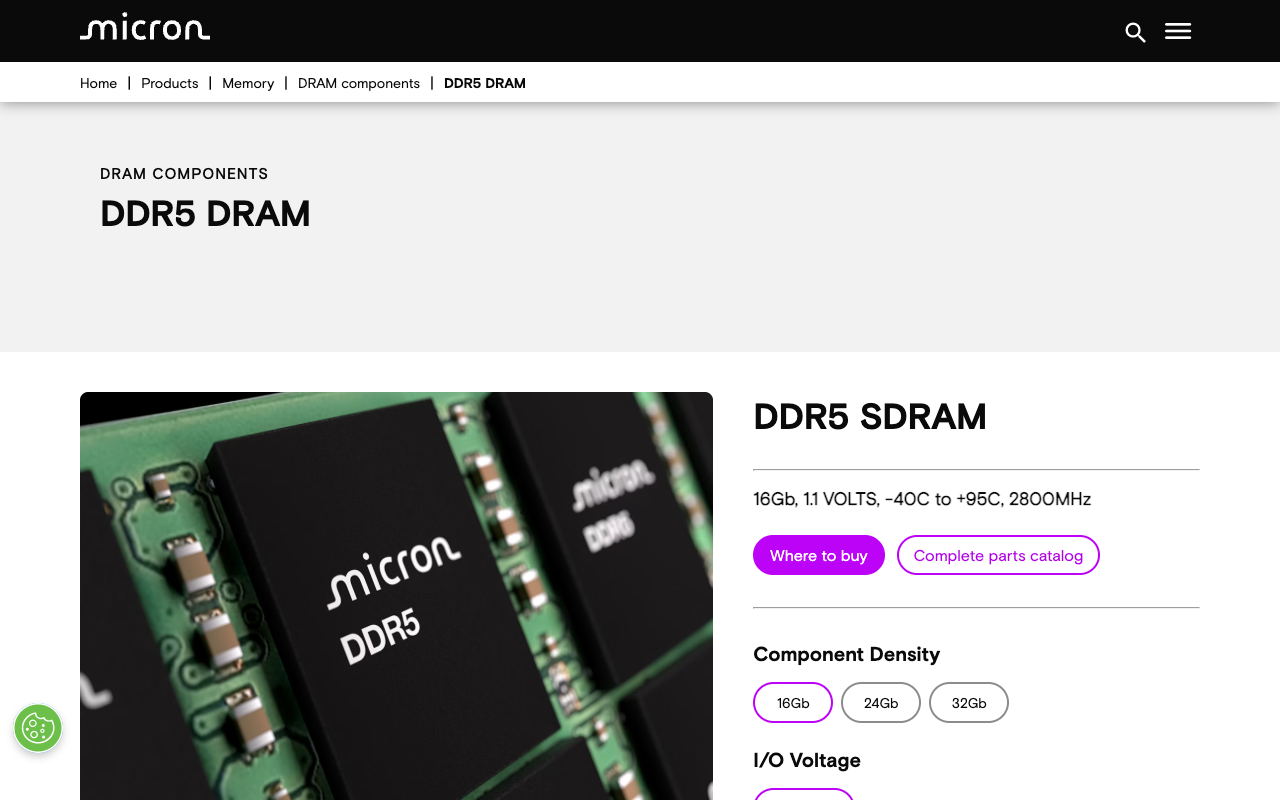 Micron DDR5 SDRAM product documentation page, the source for DDR5 running at 1.1 volts with on-module power management, two independent channels per DIMM and on-die error correction