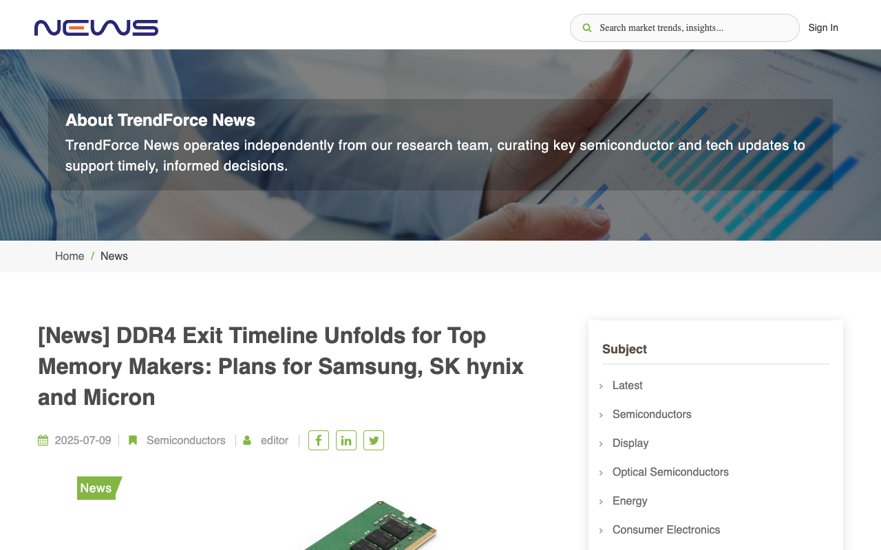 TrendForce news article dated 9 July 2025 headlined DDR4 Exit Timeline Unfolds for Top Memory Makers, setting out the plans for Samsung, SK hynix and Micron