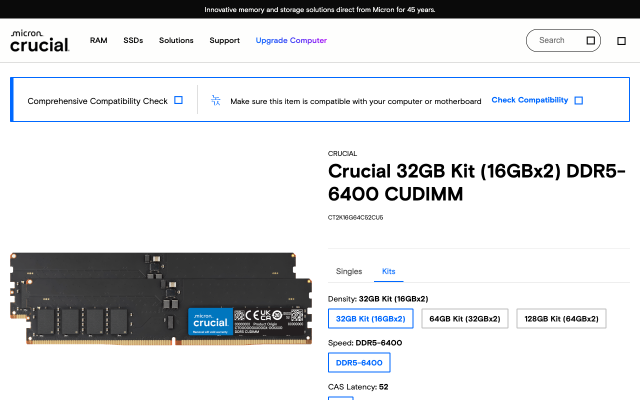 Screenshot of the Crucial product page for the 32GB Kit (16GBx2) DDR5-6400 CUDIMM, part number CT2K16G64C52CU5, showing the density, speed DDR5-6400 and CAS latency 52 selectors