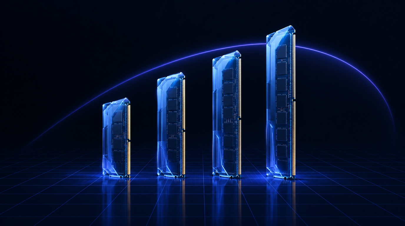 Four translucent blue memory modules of increasing height standing in a row on a dark technical grid, with a violet arc sweeping behind them