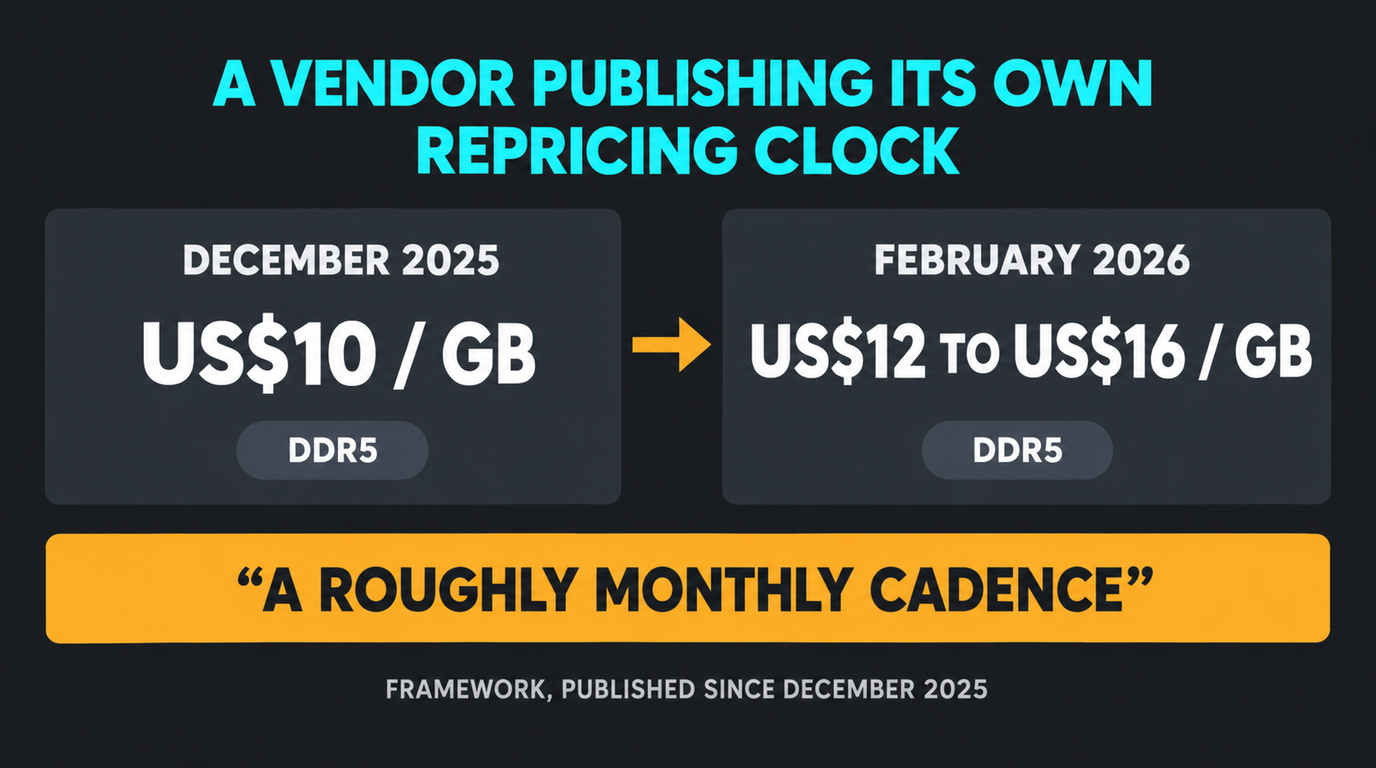 Two milestone panels showing Framework quoting DDR5 at US$10 per GB in December 2025 and US$12 to US$16 per GB by February 2026, under a banner carrying the quoted phrase a roughly monthly cadence