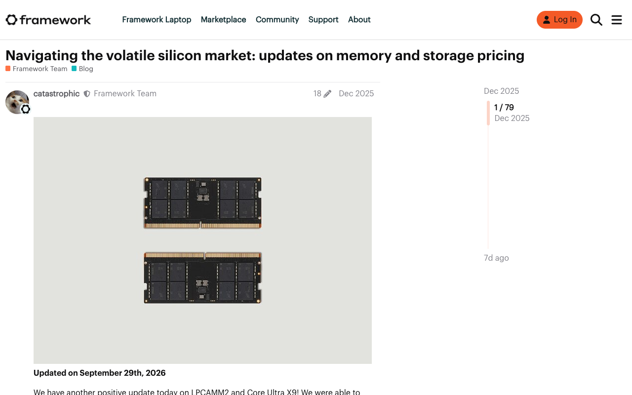 Framework community blog post headed Navigating the volatile silicon market, updates on memory and storage pricing, first posted in December 2025 by the Framework Team and updated on September 29th, 2026