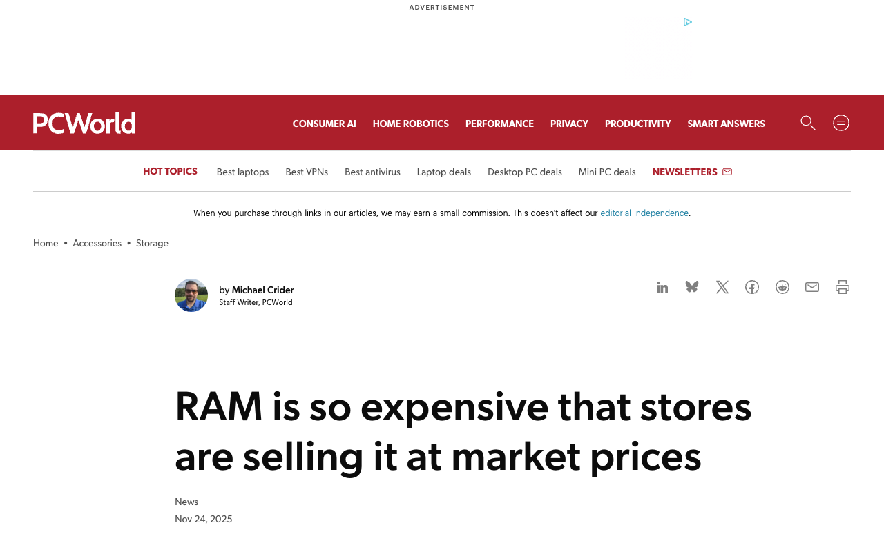PCWorld news article by Michael Crider dated November 24, 2025 headed RAM is so expensive that stores are selling it at market prices
