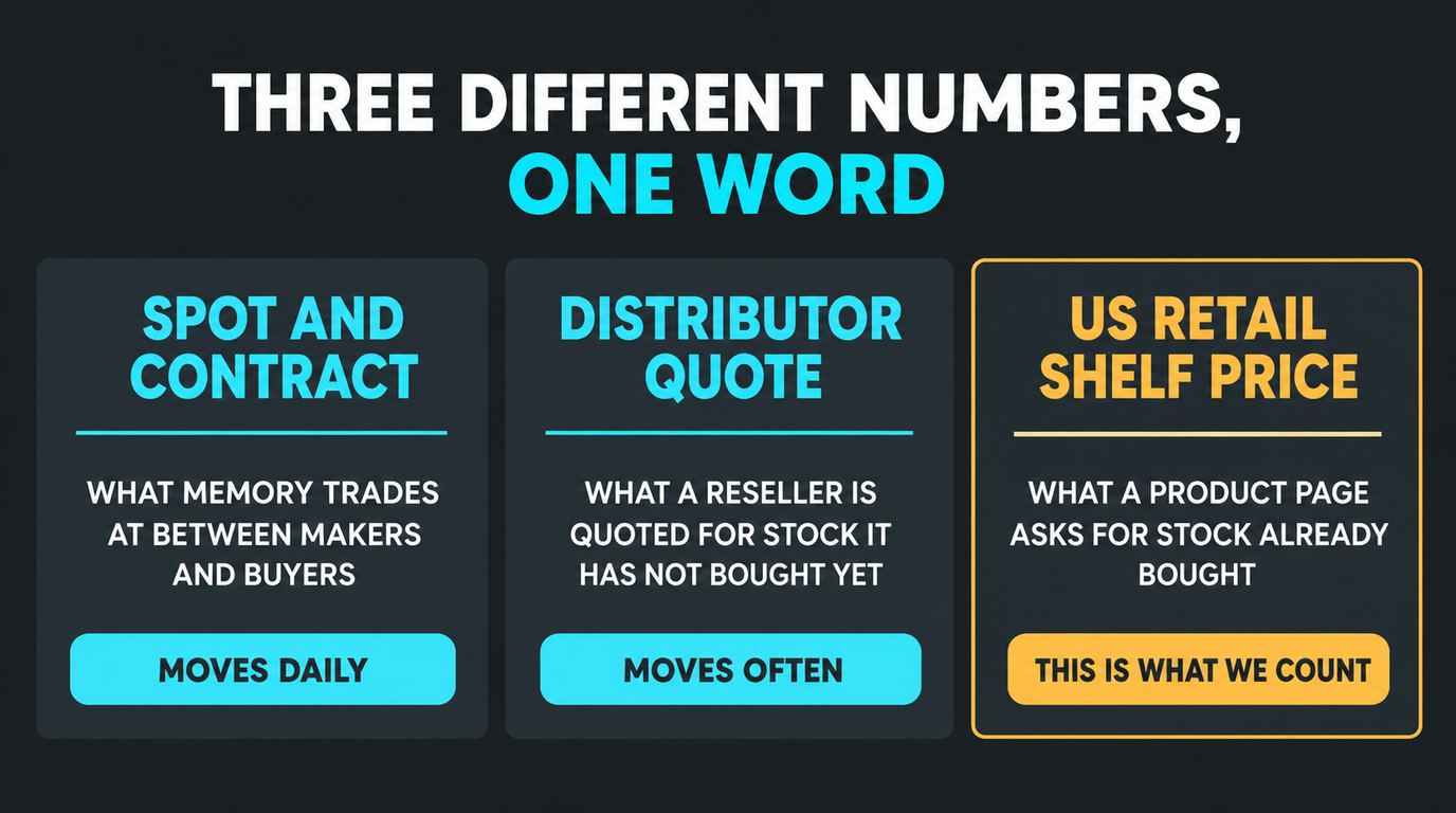 Three panels distinguishing spot and contract pricing which moves daily, a distributor quote which moves often, and the US retail shelf price which is what this page counts