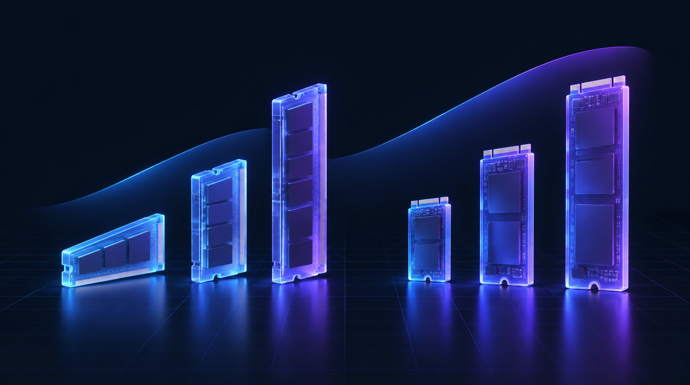 Three translucent blue memory modules of increasing height beside three translucent violet NVMe drive slabs of increasing size, arranged as two ascending staircases on a dark grid