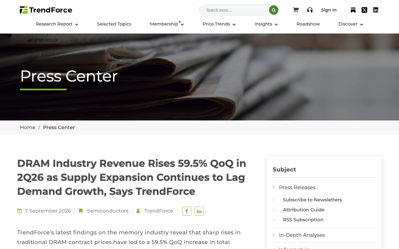 TrendForce press release dated 7 September 2026 headed DRAM Industry Revenue Rises 59.5 percent QoQ in 2Q26 as Supply Expansion Continues to Lag Demand Growth