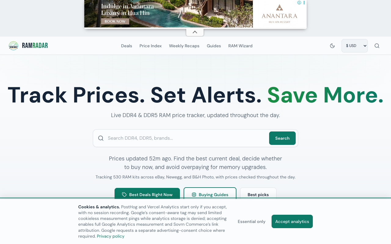 RamRadar homepage headed Track Prices, Set Alerts, Save More, describing a live DDR4 and DDR5 tracker covering 530 RAM kits across eBay, Newegg and B&H Photo with prices checked throughout the day