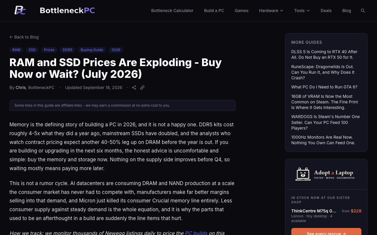 Screenshot of the bottleneckpc.com guide headed RAM and SSD Prices Are Exploding - Buy Now or Wait? (July 2026), by Chris, updated September 18 2026, captured 27 September 2026. Its opening paragraph says DDR5 kits cost roughly 4-5x what they did a year ago and that analysts watching contract pricing expect another 40-50% leg up on DRAM before the year is out.