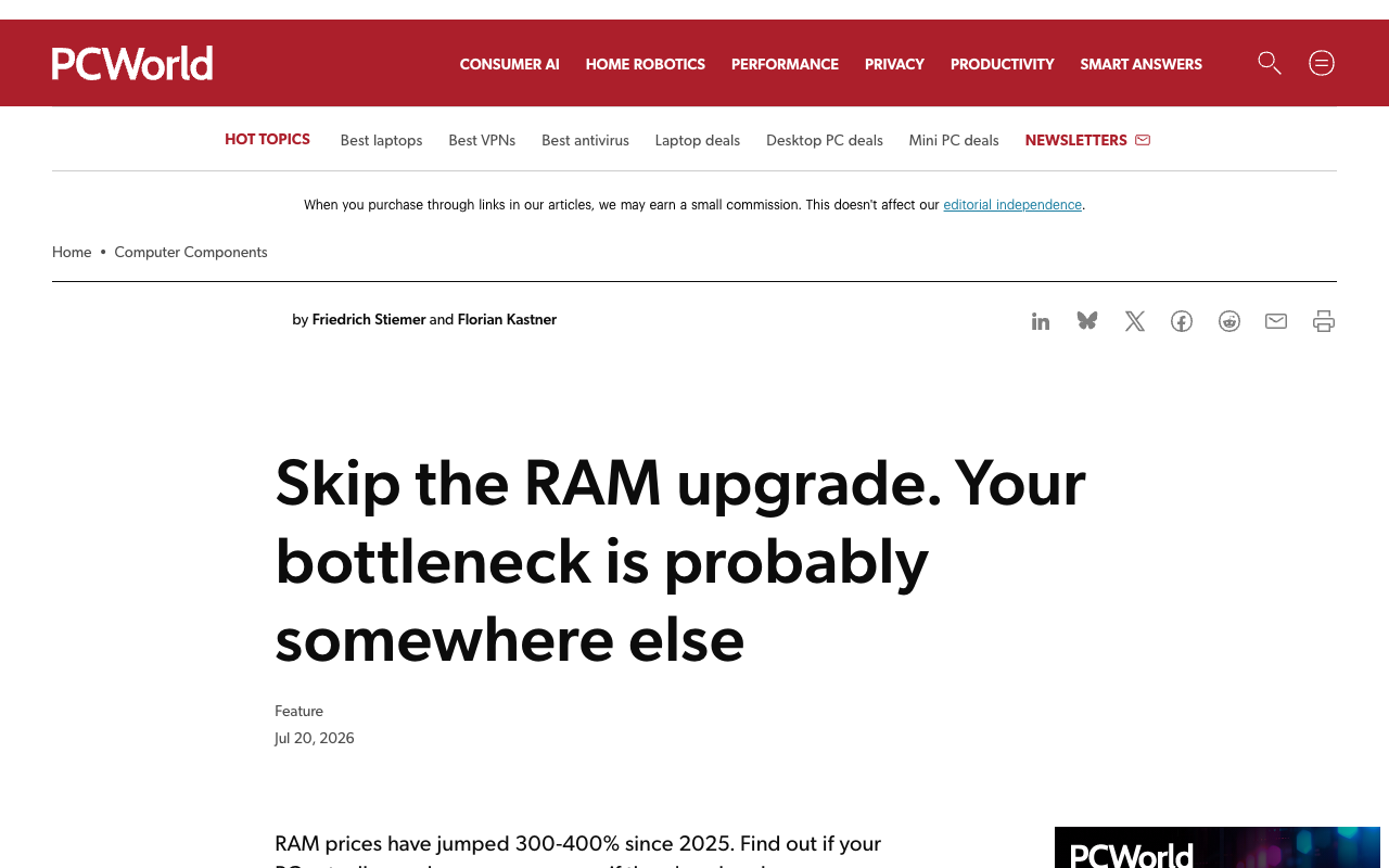 PCWorld article headed Skip the RAM upgrade, your bottleneck is probably somewhere else, filed as a Feature and dated Jul 20 2026, with a standfirst reading RAM prices have jumped 300 to 400 percent since 2025