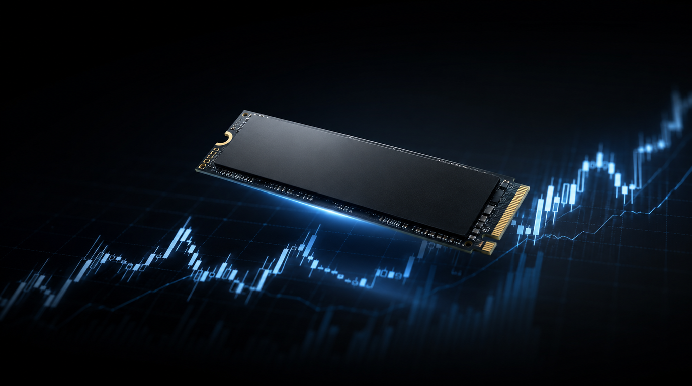 An NVMe solid state drive floating above a faint price chart grid
