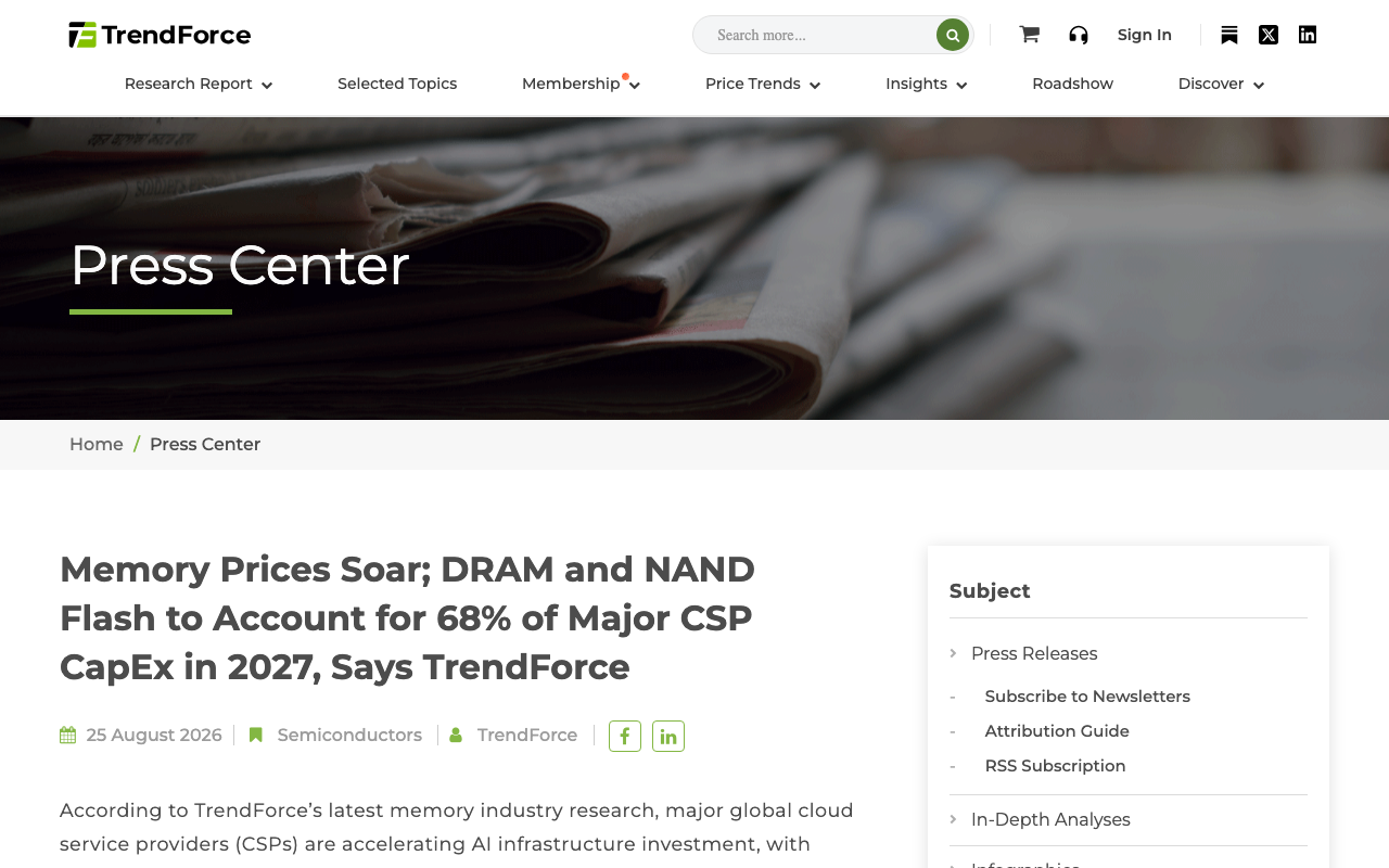 TrendForce press release dated 25 August 2026 headlined Memory Prices Soar; DRAM and NAND Flash to Account for 68% of Major CSP CapEx in 2027