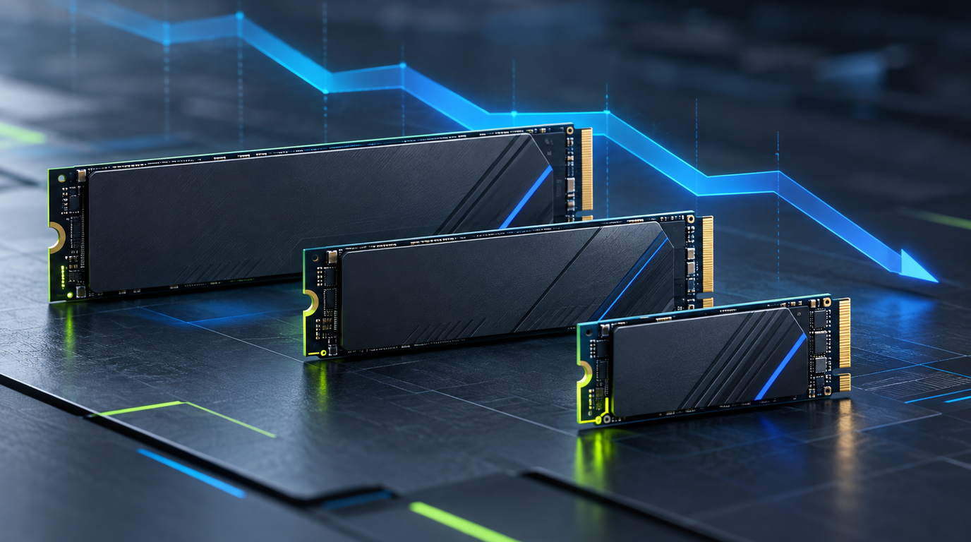 Three abstract NVMe solid-state drive modules of different lengths arranged in a descending stair pattern on a dark technical surface, with a faint descending line-graph ribbon behind them
