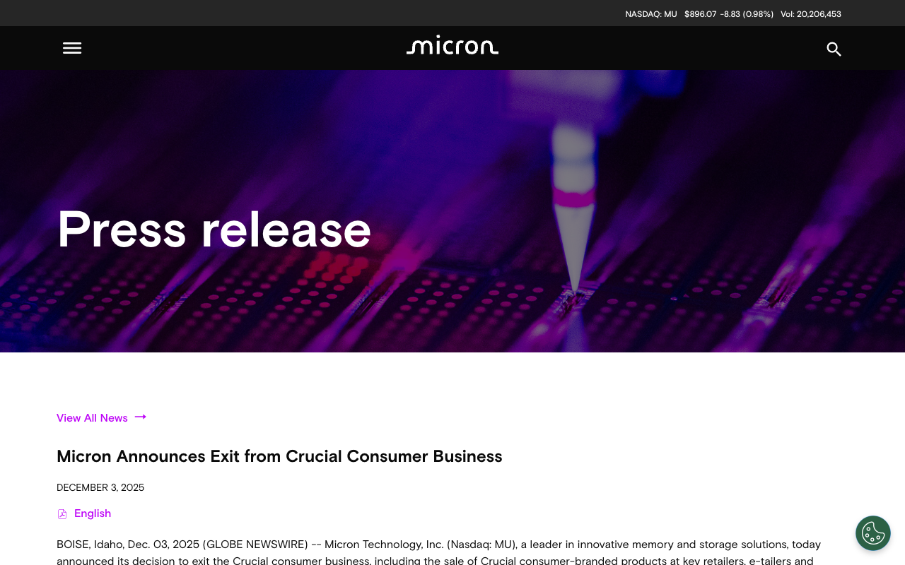 Screenshot of the Micron Technology investor relations press release headed Micron Announces Exit from Crucial Consumer Business, dated December 3 2025