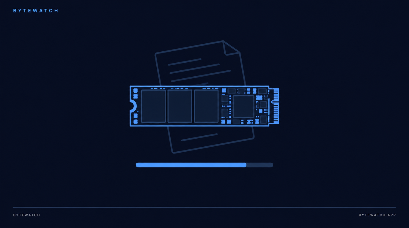 Flat-vector technical illustration of a single M.2 solid-state drive drawn face-on in light blue outline on a dark navy background, with a progress bar beneath it about four fifths filled and a faint document outline angled behind it
