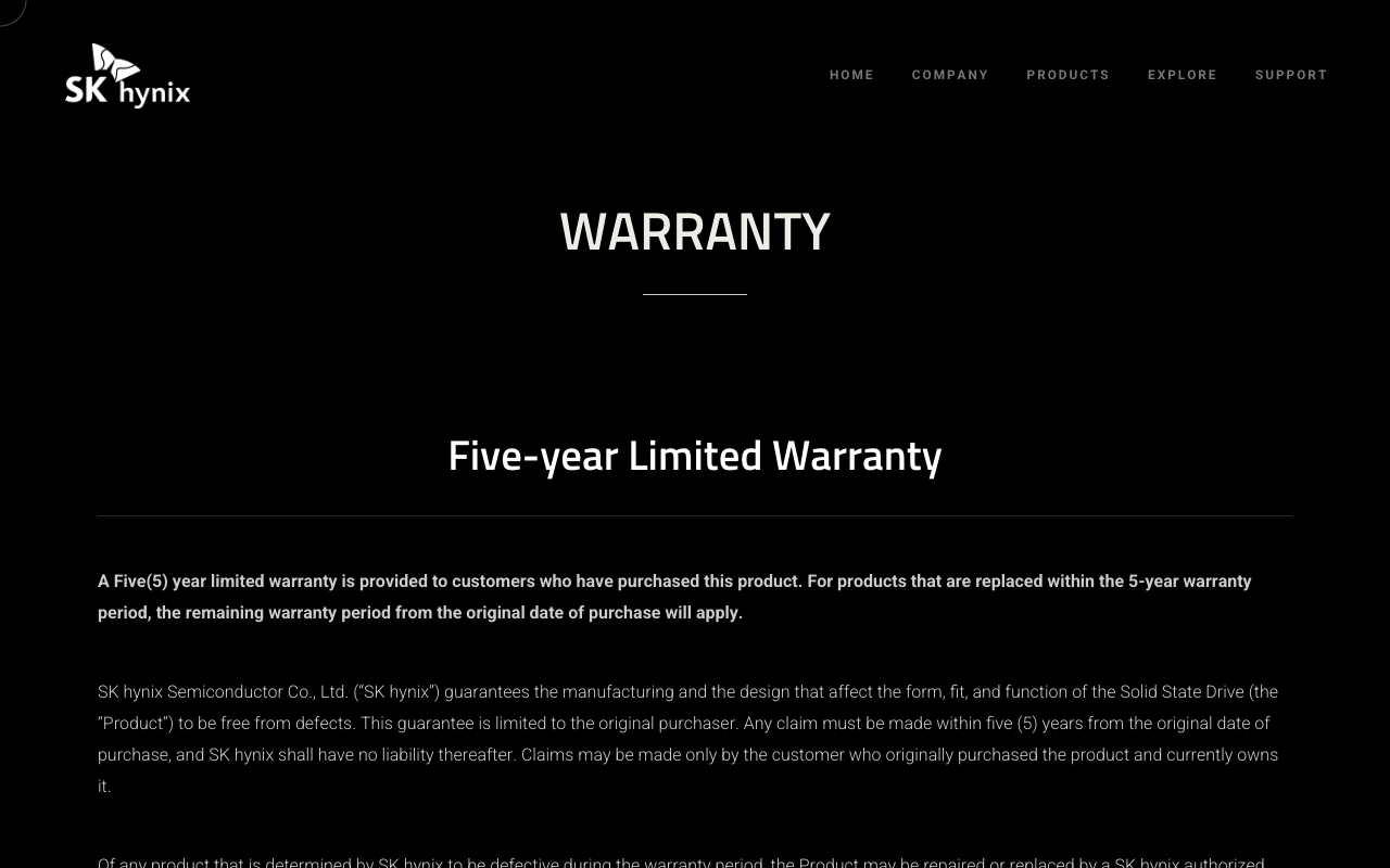 Screenshot of SK hynix's own SSD warranty page, headed Five-year Limited Warranty, stating that any claim must be made within five years from the original date of purchase and that claims may be made only by the customer who originally purchased the product and currently owns it