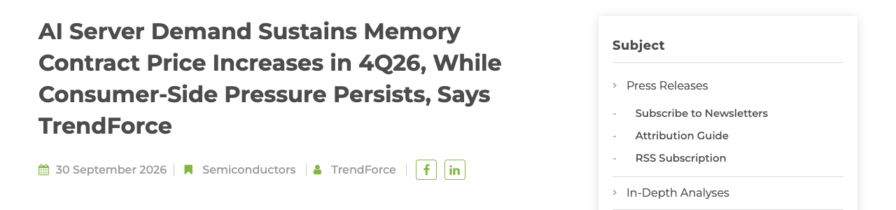 Screenshot of the TrendForce press release headlined AI Server Demand Sustains Memory Contract Price Increases in 4Q26, While Consumer-Side Pressure Persists, dated 30 September 2026